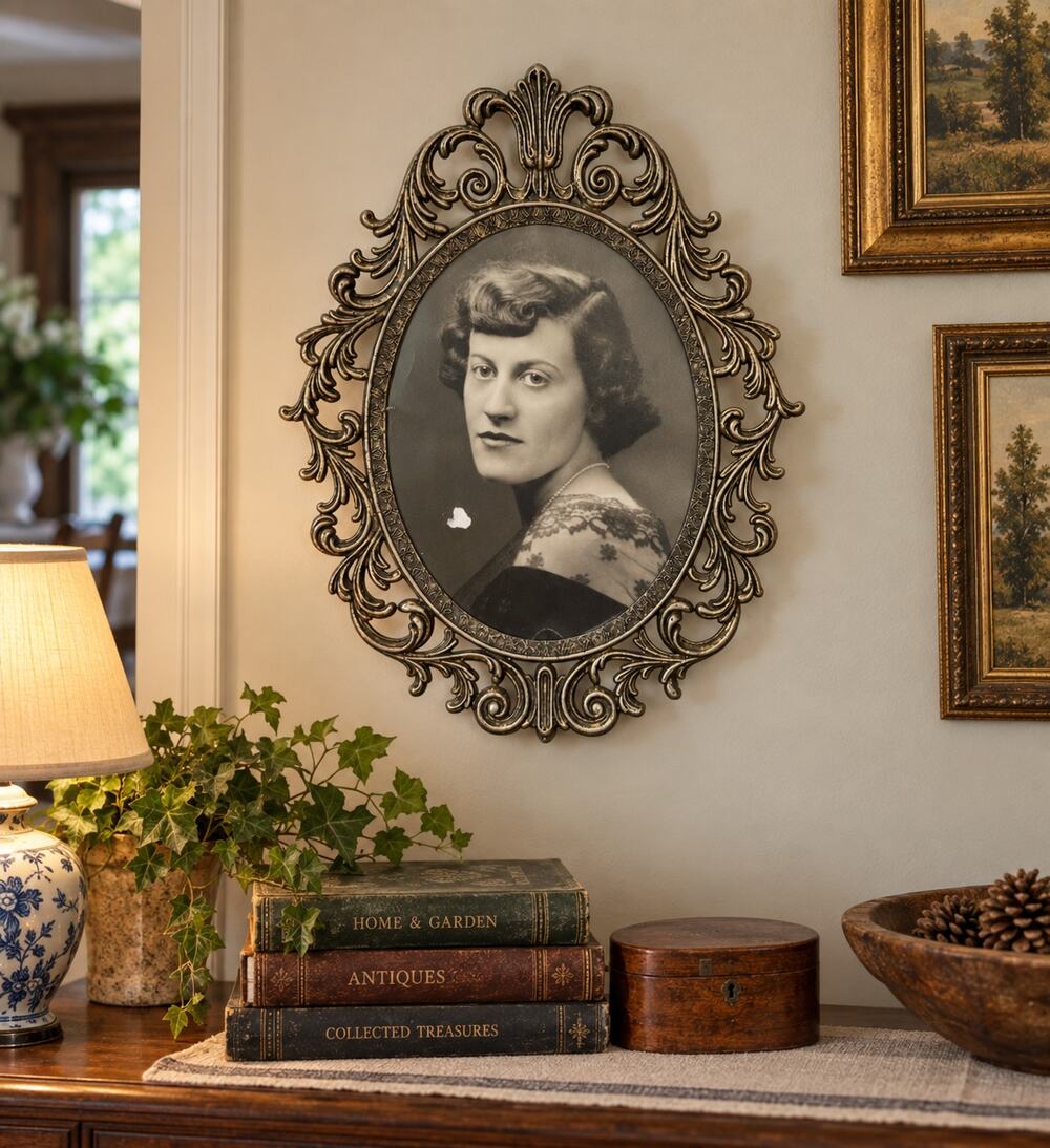 Vintage Art Nouveau Metal Picture Frame Floral Woman 7x9 inch B&W Photo